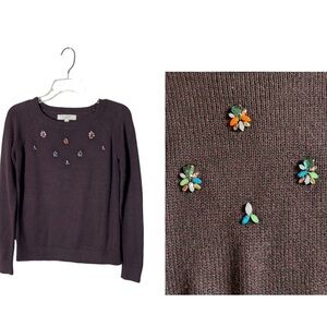 Loft Burgundy Crew Neck Sweater With Aplique Embellishment XS Like New